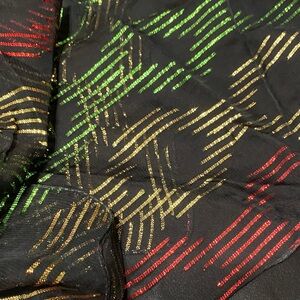 Black vintage Scarf with Red, Green, and Gold shimmering Stripes